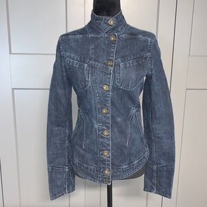 Nau Denim Jacket Dark Wash Button Front High Neck Organic Cotton Womens Small